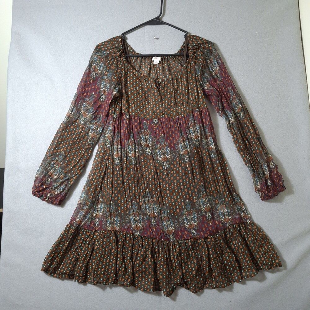 Xhilaration Boho Peasant Dress Small Brown Burgundy Floral Abstract Ruffle Hem